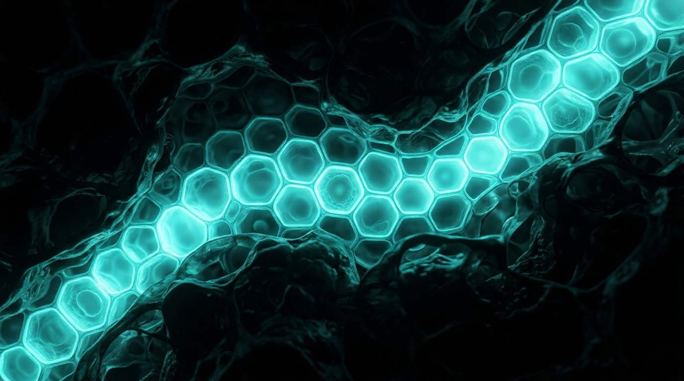 Ordered biological structure glowing cyan